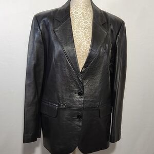 Saddlery Jacket Leather Black Women's Button Front Pockets Notch Collar Size 12